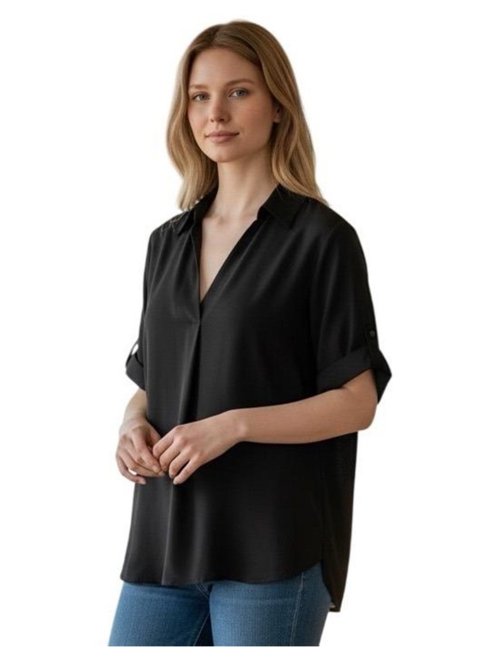 Cabi Replay Top V-Neck Short Sleeve Black Blouse